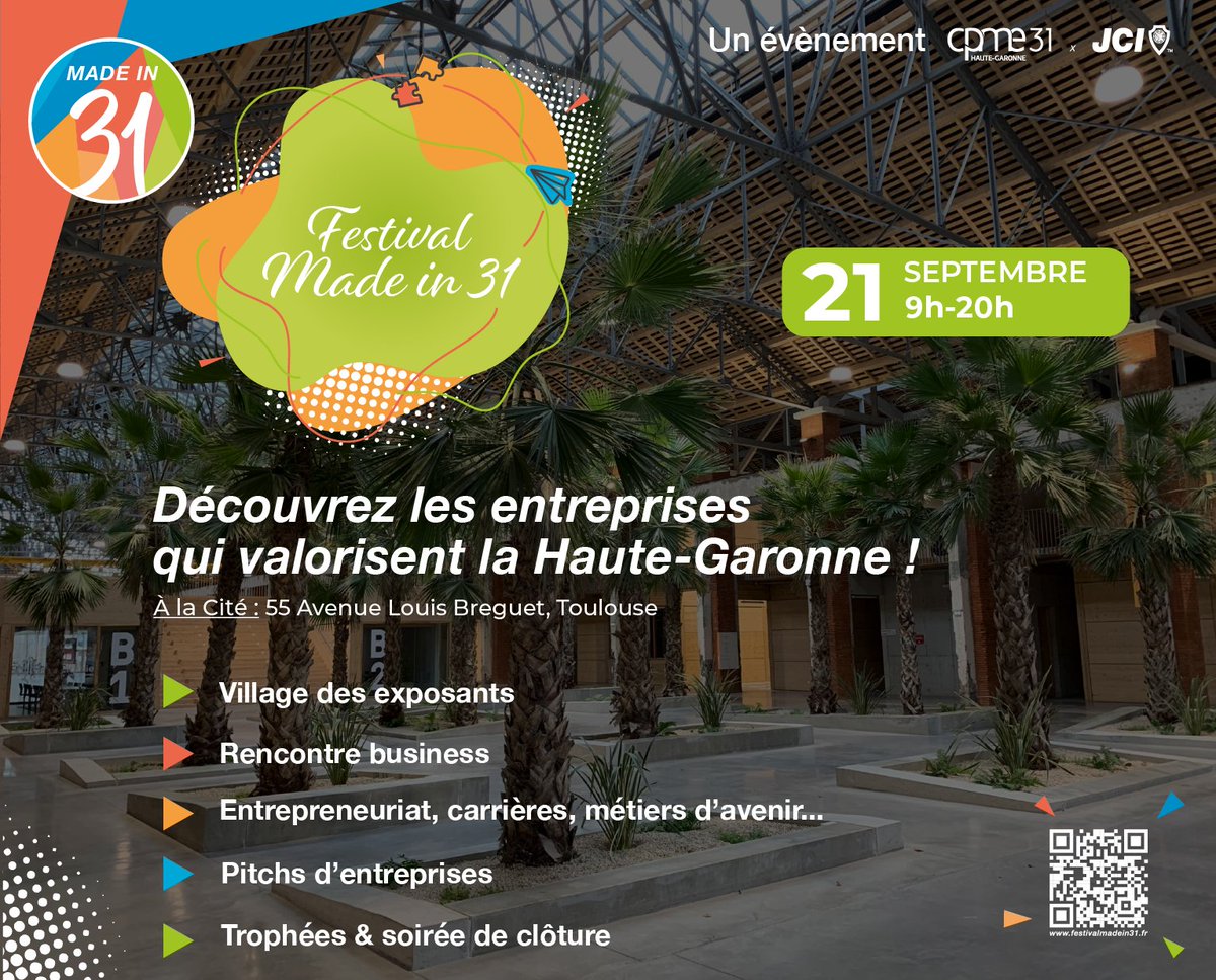 J-3 #MadeIn31 🎉

Un rendez-vous incontournable célébrant l'esprit entrepreneurial et le savoir-faire local !🌟

Découvrez le programme de cette journée !
➡️ festivalmadein31.fr/programme-2023/

#Entrepreneuriat #Innovation #SavoirFaire #madein31 @LaCite_eu <a href="/Occitanie/">Région Occitanie</a> <a href="/JCEToulouse/">JCE Toulouse</a>