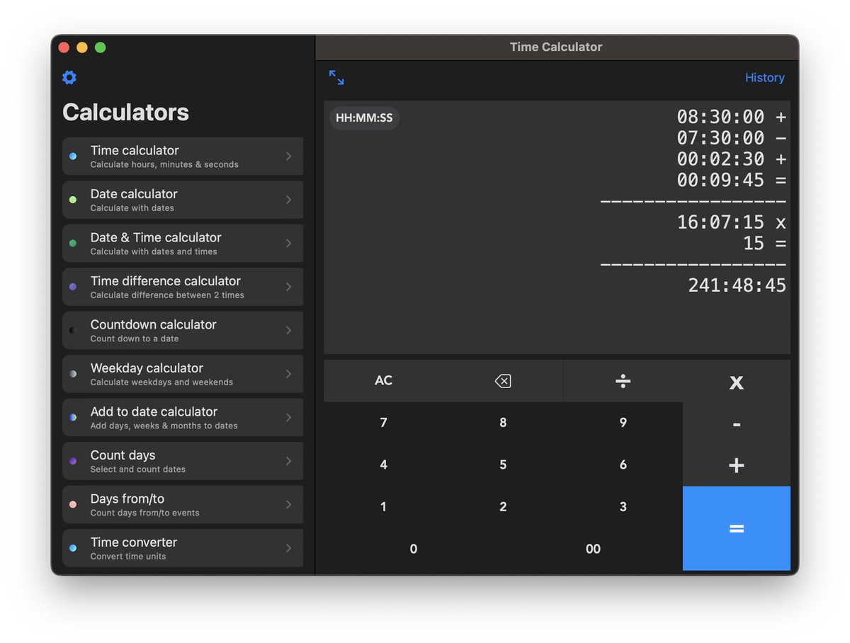 OvalSoftware's tweet photo. Everyone shipping iOS17 updates and here I am launching new MacOS apps.. My Time Calculator app is now available on MacOS via Mac Catalyst!

https://t.co/hqbV3mqmux

#shiptember #iosdev #maccatalyst #appstore @revenuecat https://t.co/WZ4FWdCHp4
