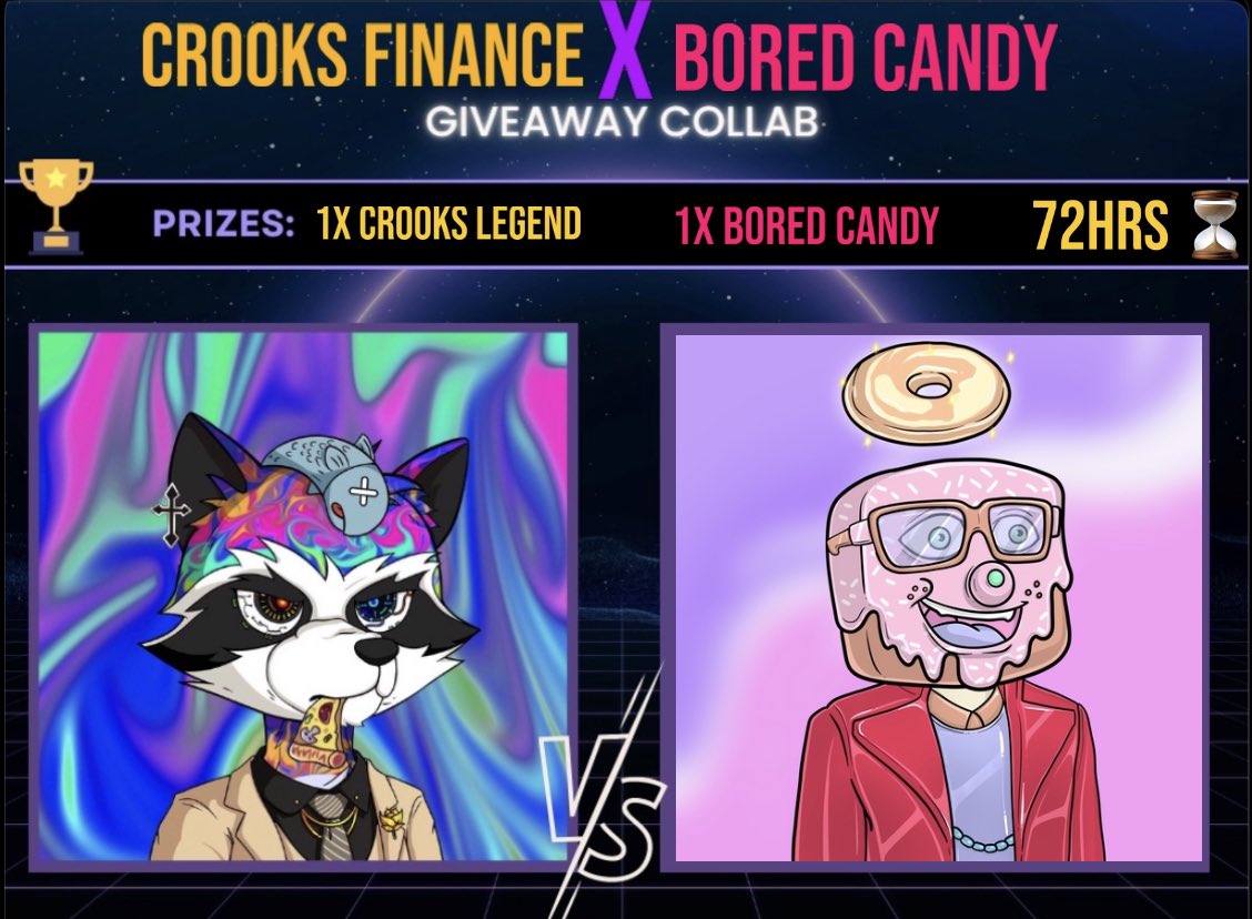 CrooksFinance's tweet photo. #CROfam we are proud to announce a fantastic #NFTGiveaway with @BoredCandyCity
🍬🤝🦝

Rules 👨‍⚖️

- Follow Both Accounts 
- Like ❤️ &amp; RT 🔁
- Tag 3+ #crypto friends 
- Join Discord Channels 

72 hrs ⏳

Prize’s 🏆
1x CRKL
1x Bored Candy

#CronosNFT #CronosChain #nft #crypto #cro https://t.co/z5LjAVMwlQ