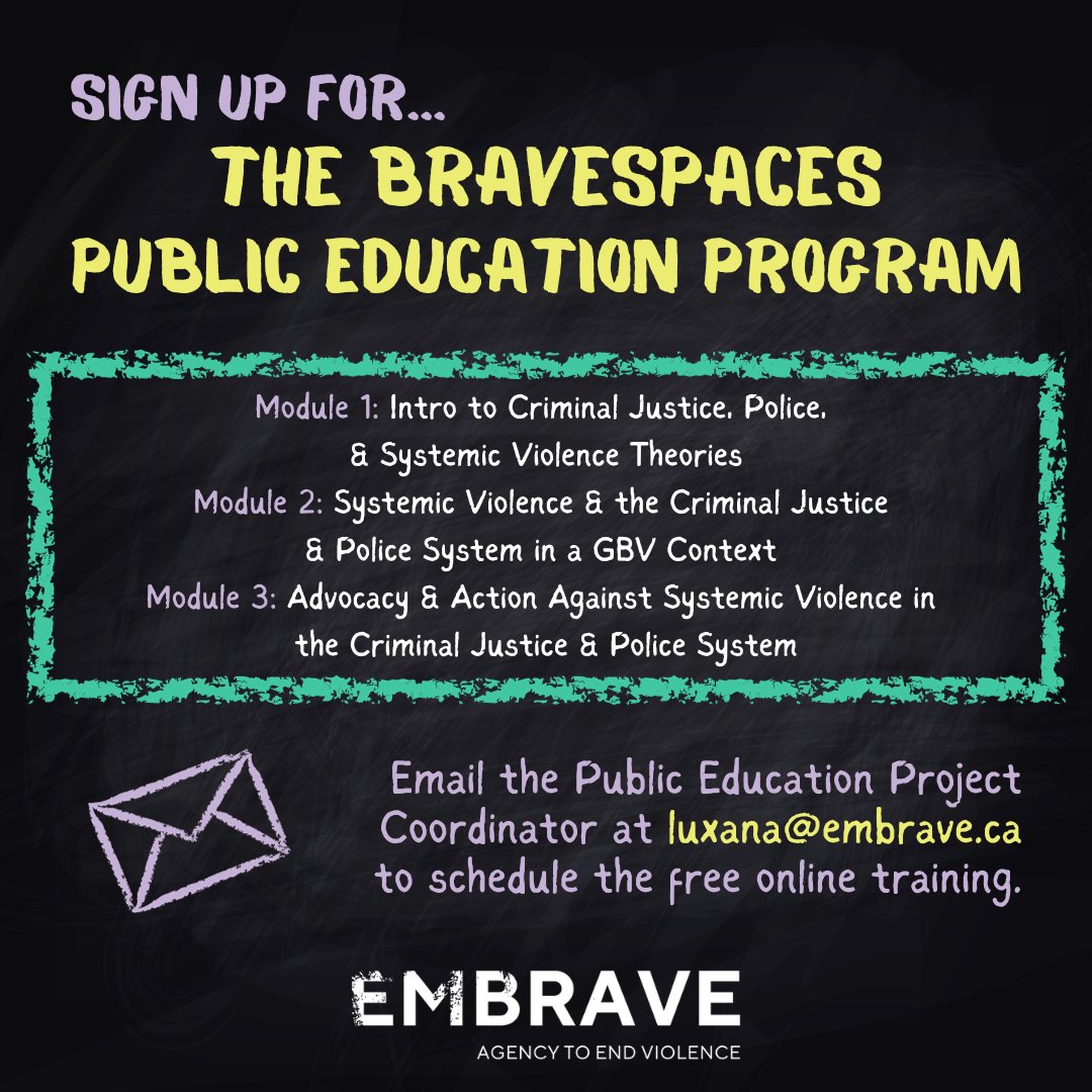 Embrave is excited to invite service providers & organizations that support survivors of GBV to register for our pilot sessions of the BraveSpaces Criminal Justice and Police Training!

#Embrave #BraveSpaces #SystemicViolence #CriminalJustice #Police #EndViolence #GBV #Advocacy