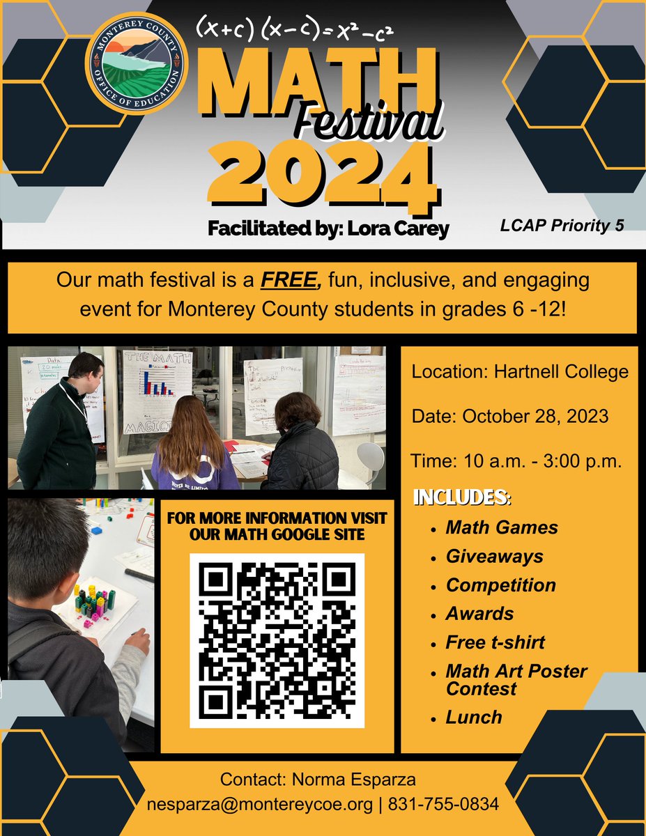 📣 Exciting News! 🧮 Registration is now OPEN for all Monterey County students in grades 6-12 to join the #MCOEMathFestival! 🎉 Get ready for a day packed with math fun, games, prizes, art contests, and more! Don't miss out - sign up today! 🤩 #MathIsFun #MontereyCounty