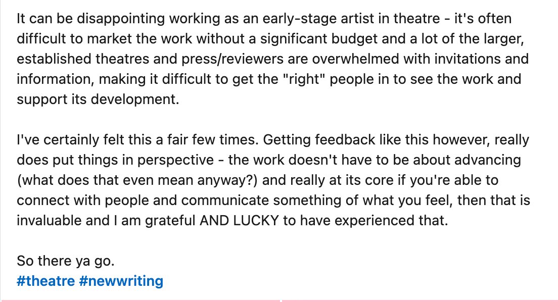 From one app to another!

Just some of my thoughts on the wonderful #feedback we received for 'My First Time was in a Car Park' 's recent run.

#theatre #newwriting