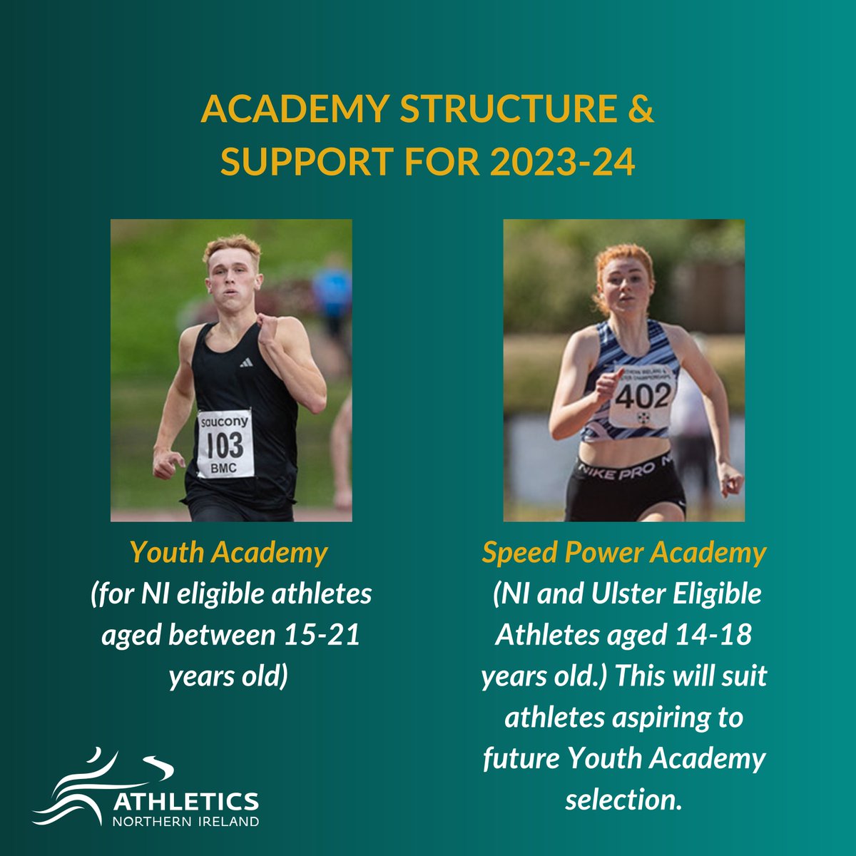 AthleticsNI's tweet image. ❗ Academy 2023-2024 Applications Now Open ❗

Athletics Northern Ireland have today opened the Youth Academy &amp;amp; Speed-Power Academy for application.

Find out more and apply by Sunday 1st October 👇
athleticsni.org/Athletes/Athle…

@_SportNI