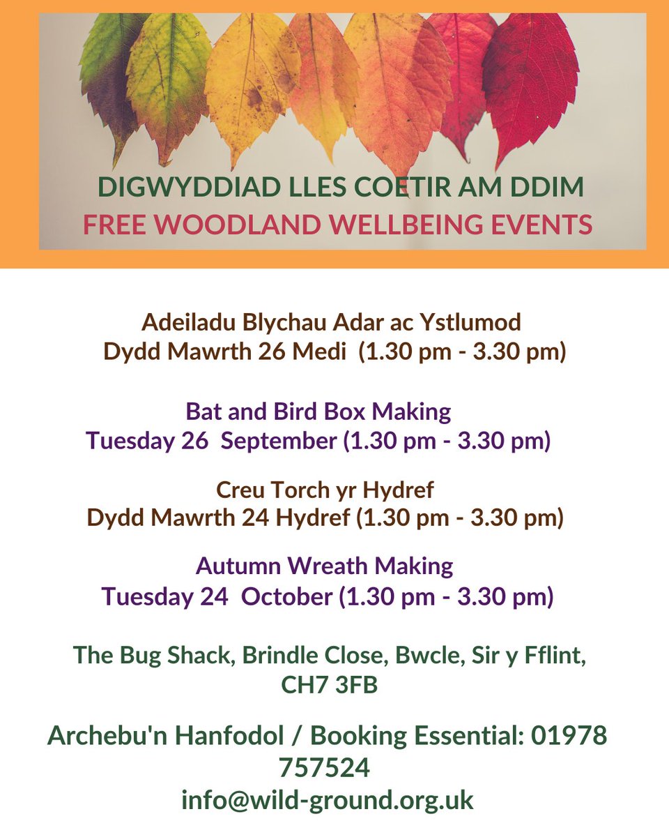 We have 2 #FREE #Woodland #Wellbeing events on offer for adults to create natural crafts in a beautiful woodland setting. Make Bird & Bat Boxes Tues 26th Sept at 1.30 pm Make Autumn Wreaths Tues 24th October at 1.30 pm. Find out more bit.ly/3Lr5FMY #FreeEvents