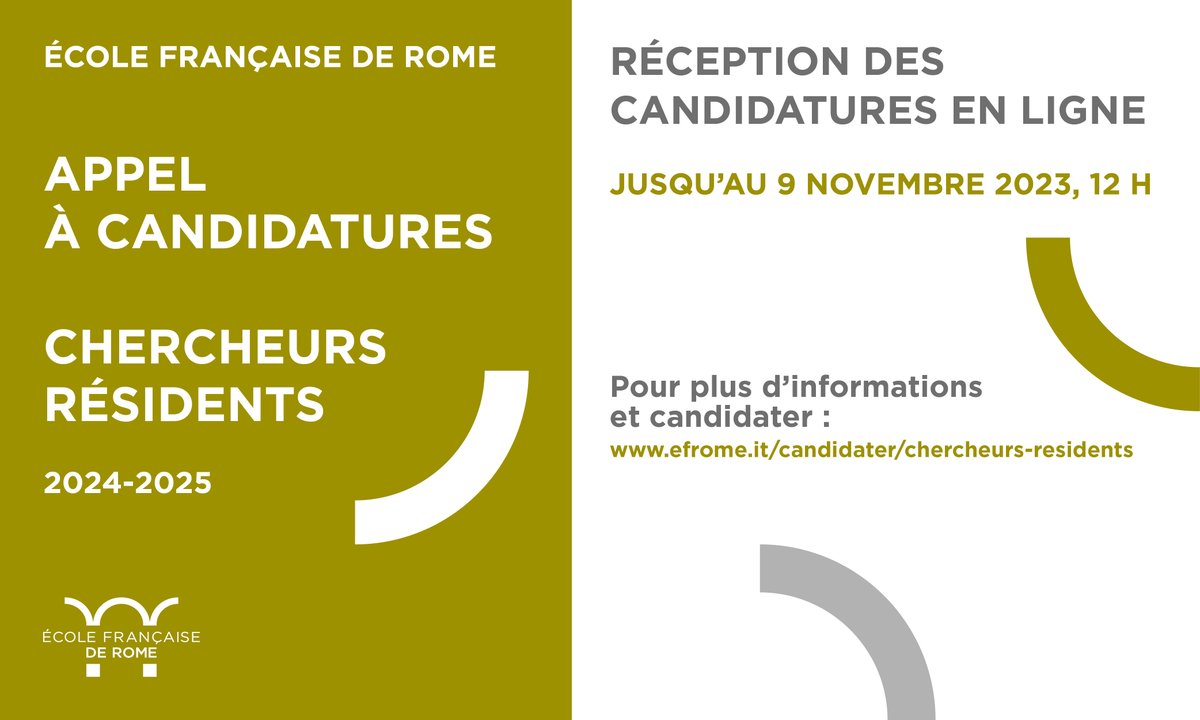 🖥 Ouverture de l'#appel à candidatures #Chercheurs résidents 2024-2025 <a href="/ef_rome/">École française Rome #ResEFE</a> 
Publics : enseignants-chercheurs, chercheurs statutaires ou post-doctorants sous contrat
⏳ Dossiers à envoyer au plus tard le 9 novembre 2023 à 12 h (heure de Rome)

▶️ efrome.it/candidater/che…