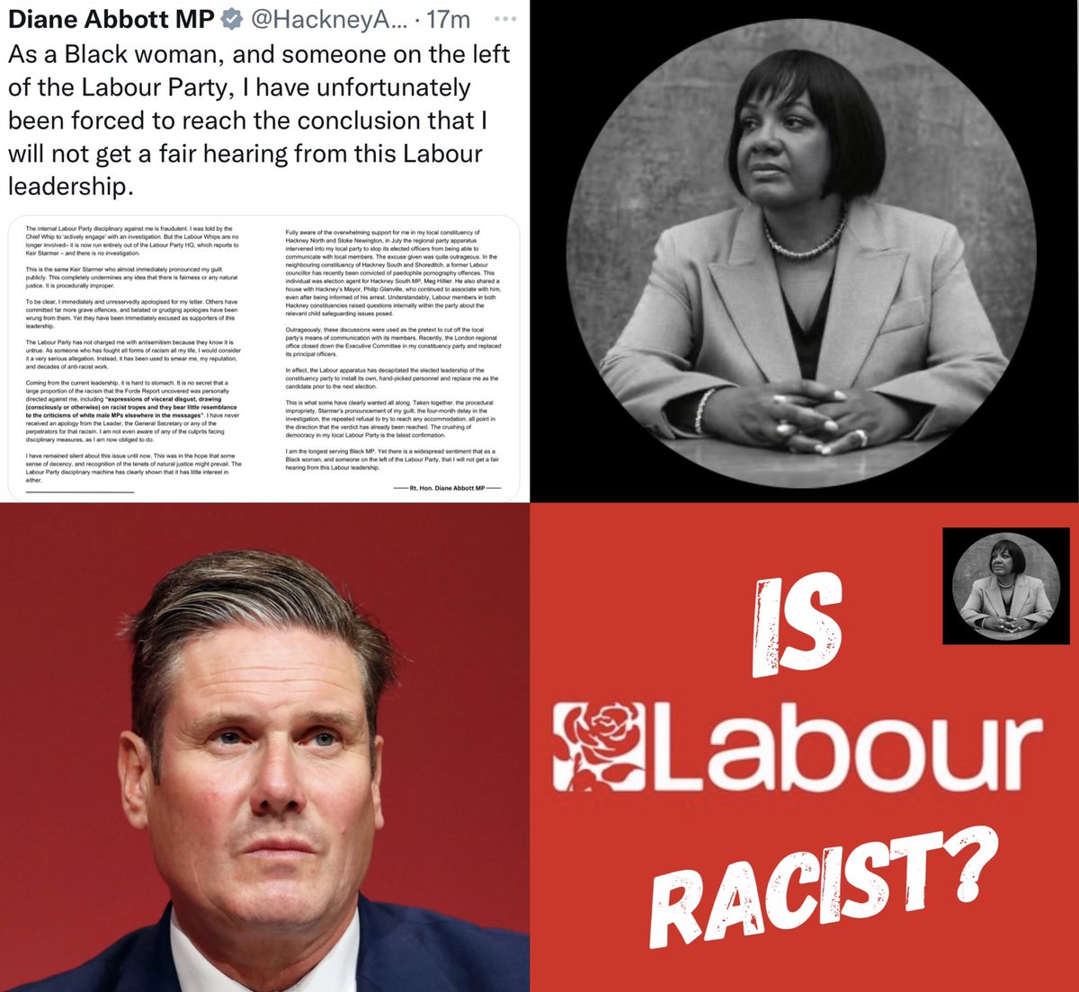 @ToryFibs I have never been a supporter of Diane but this is outrageous treatment from the Labour Party and certainly has more than a whiff of racism ~ WTF is Starmer doing

#RacistLabour #RacistStarmer