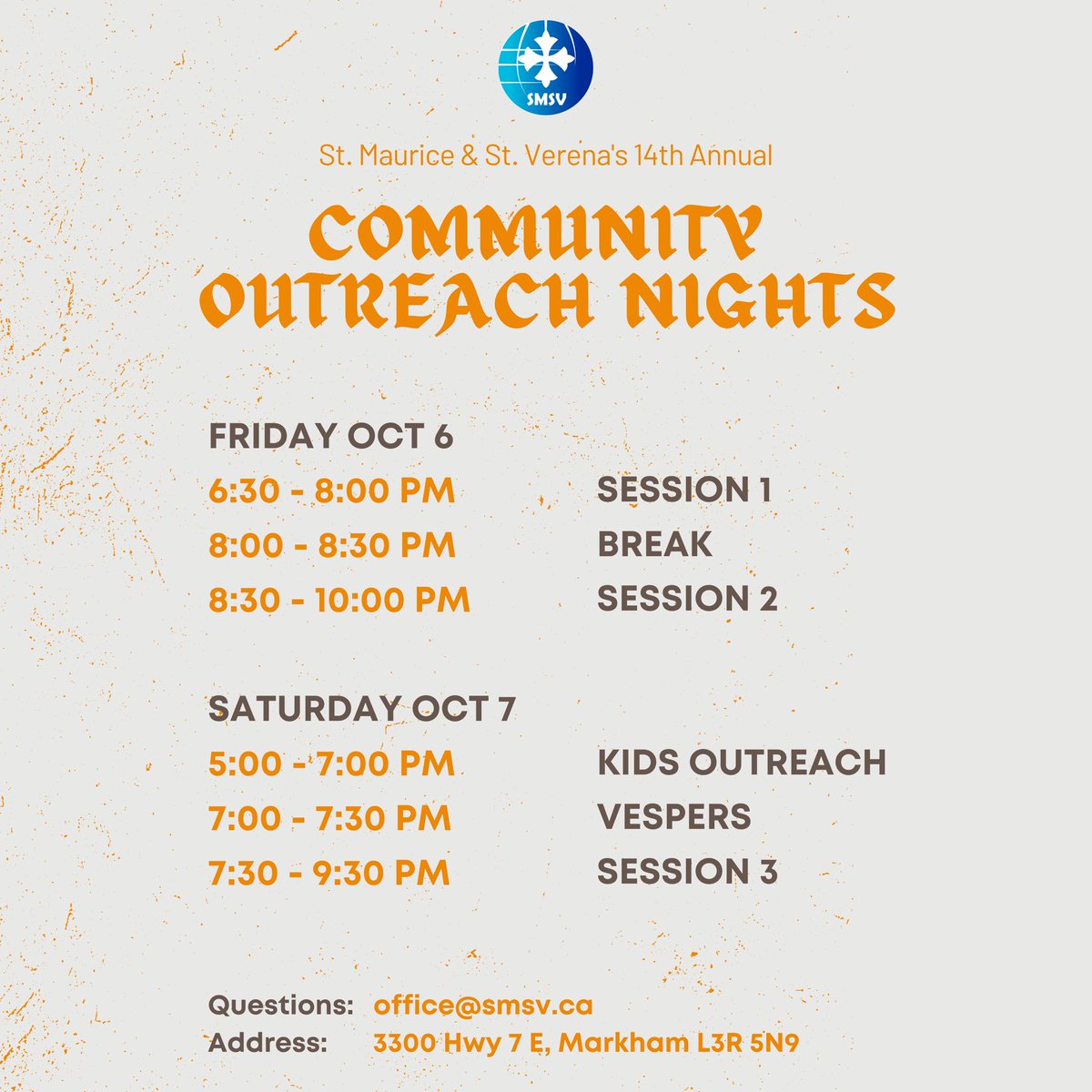 Happening Friday &amp; Saturday, October 6 &amp; 7, Community Outreach Nights are a great opportunity to welcome friends and introduce them to the Coptic Church! This year we will be joined by our amazing guest speaker Fr John Boutros! Everyone is welcome!