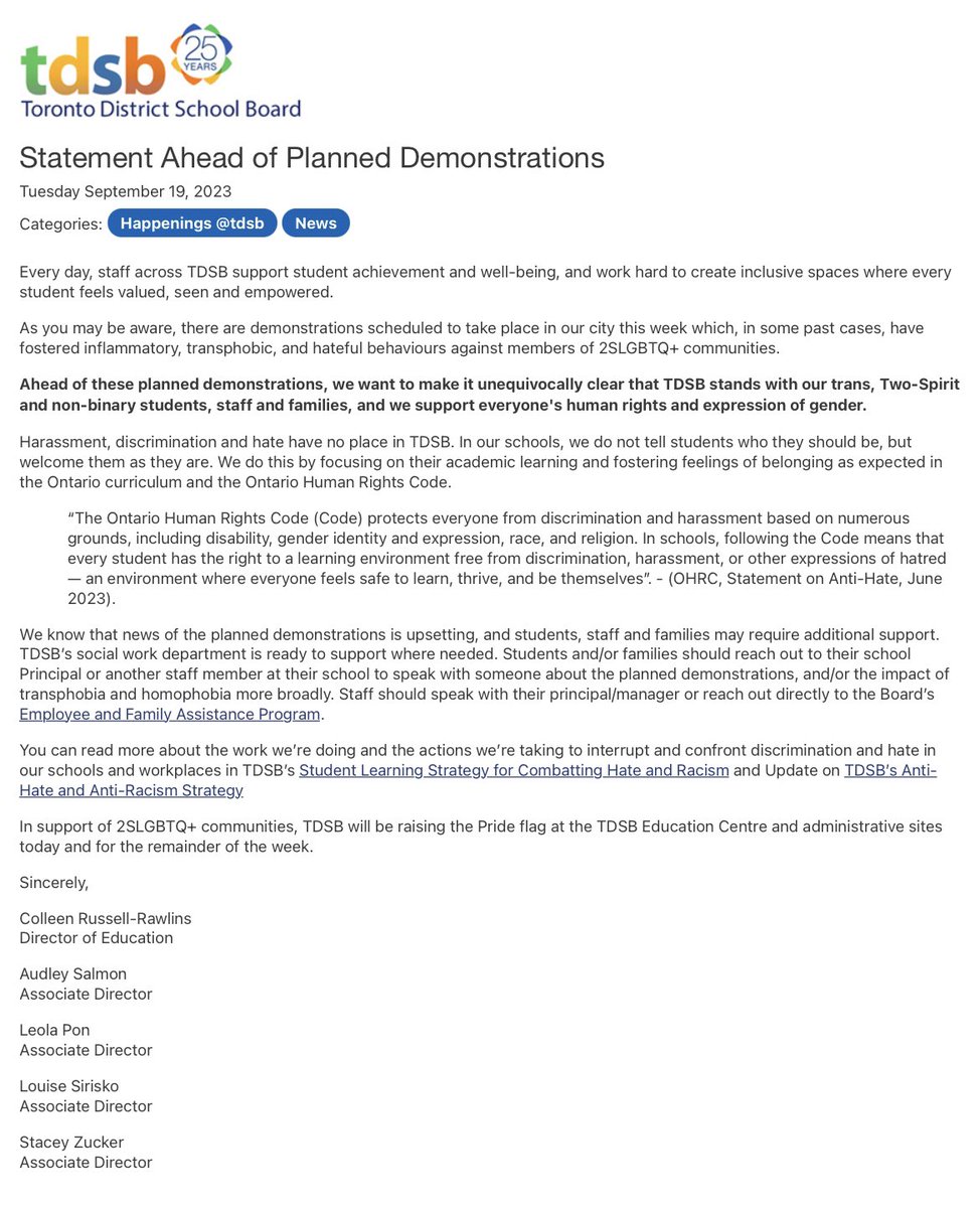 Every day, staff across TDSB support student achievement &amp; well-being, and work hard to create inclusive spaces where every student feels valued, seen and empowered… Ahead of these planned demonstrations, we want to make it unequivocally clear that <a href="/tdsb/">Toronto District School Board</a> tdsb.on.ca/home/ctl/Detai…