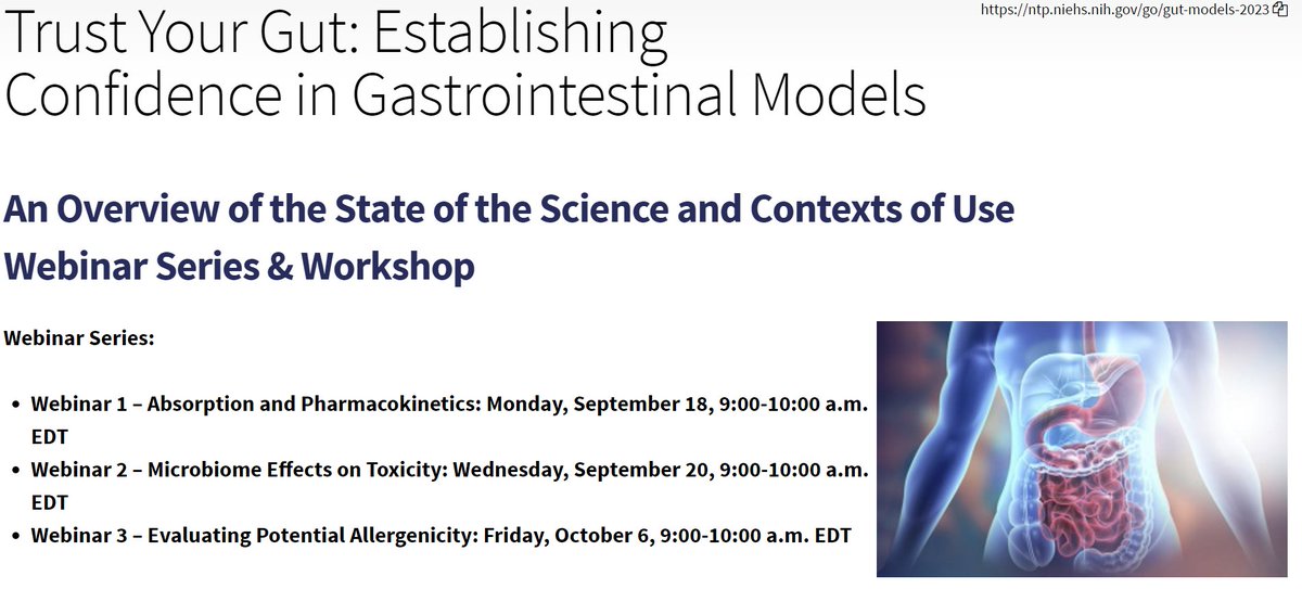 The second webinar in NICEATM's series on GI models is tomorrow, September 20th at 9am EST, on the microbiome's effects on toxicity. Register here: ntp.niehs.nih.gov/go/gut-models-… You can then jump from one GI MPS webinar to the next, and join the 3RsC-MPS GI workshop at 10am EST!