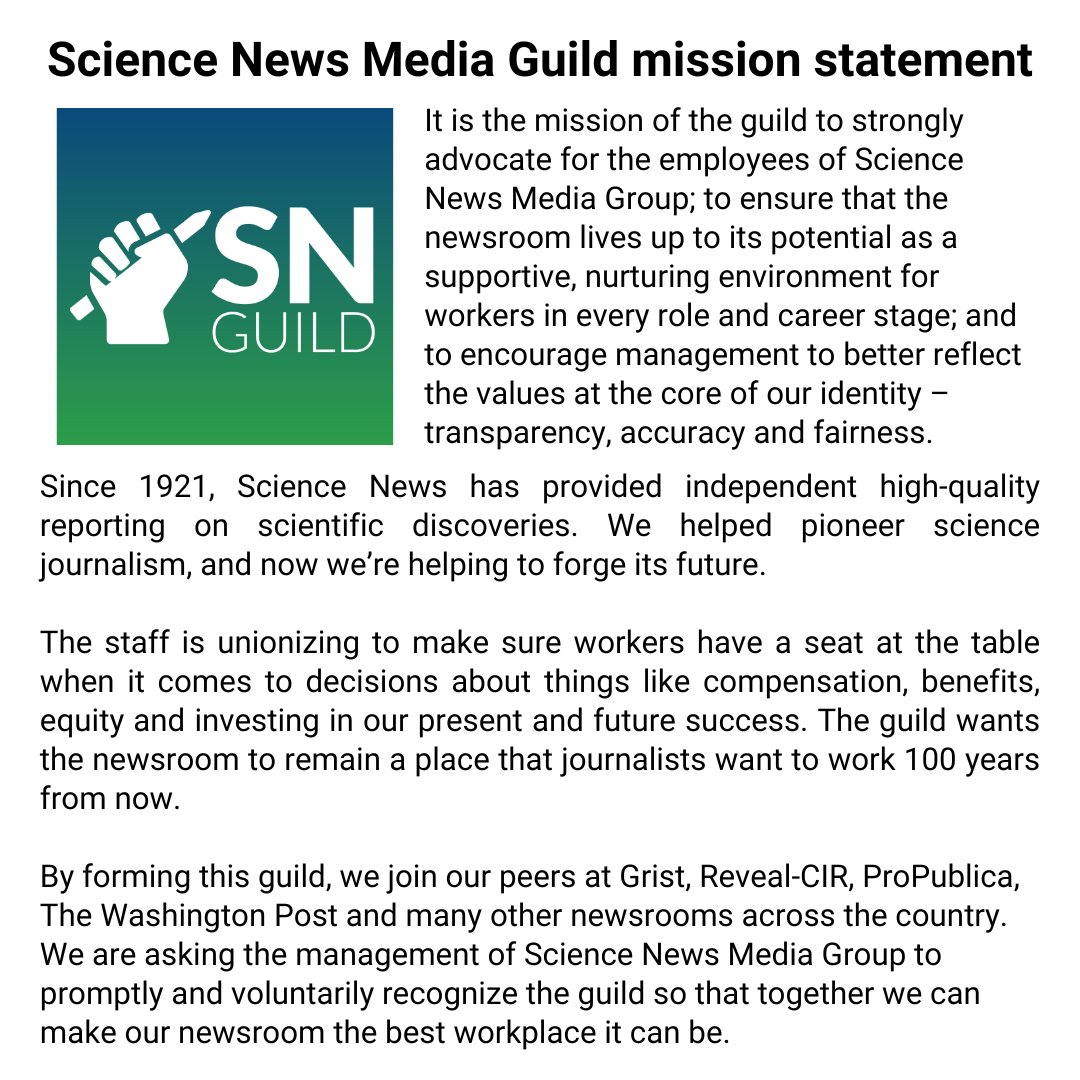 Science News Media Guild (@snmediaguild) on Twitter photo We’ve got news! The workers of <a href="/ScienceNews/">Science News</a> and <a href="/SN_Explores/">Science News Explores</a> are unionizing. We’re taking this step with 70% staff support. Here’s our mission statement: We’ve got news! The workers of <a href="/ScienceNews/">Science News</a> and <a href="/SN_Explores/">Science News Explores</a> are unionizing. We’re taking this step with 70% staff support. Here’s our mission statement: