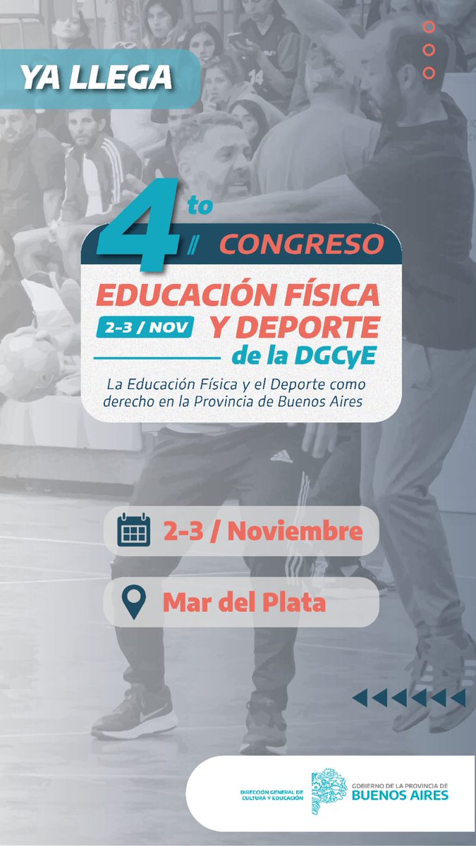 Leo Troncoso (@leot14) on Twitter photo 📌Agendá🗓 2 y 3 de Noviembre!
➡️4° Congreso de Educación Física y Deporte de la DGCYE.
"La Educación Física y el Deporte como derecho en la Provincia de Buenos Aires".
➡️Educación Física PBA❤️
🏃🏽🏊♂️⚽️🥅🏀🧑🦽🧑🦯🤸♀️🤸🏿♂️🏑🏐
<a href="/Kicillofok/">Axel Kicillof</a> <a href="/AlbertoSileoni/">Alberto Sileoni</a> <a href="/pablourquizaok/">Pablo Urquiza</a> <a href="/ClaudiaBracchi1/">Claudia Bracchi</a> 📌Agendá🗓 2 y 3 de Noviembre!
➡️4° Congreso de Educación Física y Deporte de la DGCYE.
"La Educación Física y el Deporte como derecho en la Provincia de Buenos Aires".
➡️Educación Física PBA❤️
🏃🏽🏊♂️⚽️🥅🏀🧑🦽🧑🦯🤸♀️🤸🏿♂️🏑🏐
<a href="/Kicillofok/">Axel Kicillof</a> <a href="/AlbertoSileoni/">Alberto Sileoni</a> <a href="/pablourquizaok/">Pablo Urquiza</a> <a href="/ClaudiaBracchi1/">Claudia Bracchi</a>