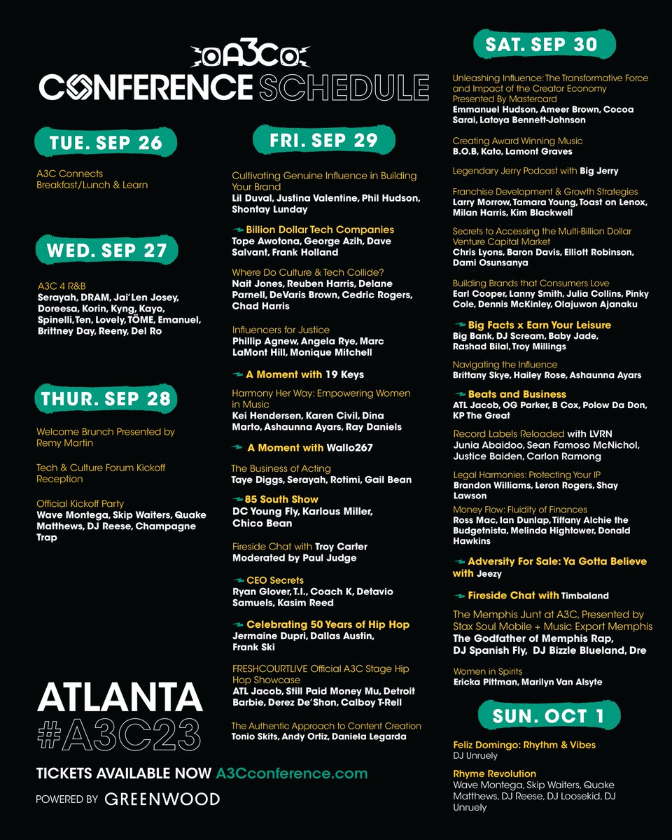 The Conference Schedule is here A3C fam! 🔥🔥🔥 Get ready for the most influential Music, Tech, Finance & Culture conference in Atlanta 🚀 If you haven’t purchased your ticket yet, visit A3Cconference.com to make sure you’re in attendance Sept 28th-Oct 1st! Don’t miss out!