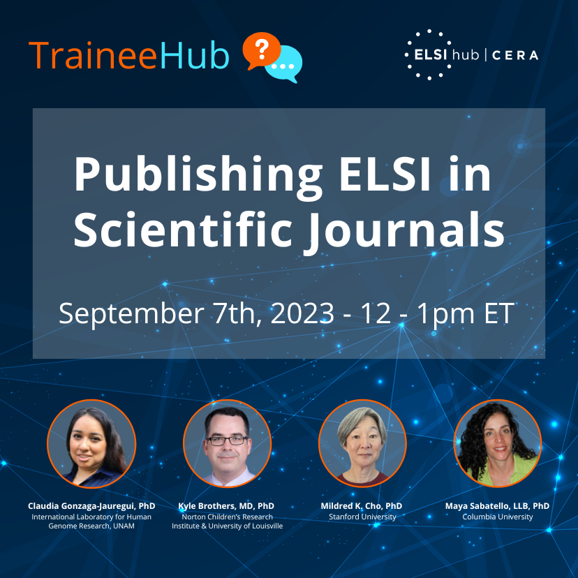 Watch the recording of our September #TraineeHub session: 'Publishing #ELSI in Scientific Journals'. Featuring @cgonzagaj @kylebrothers and @mildredkcho Moderated by Maya Sabatello. Watch here: elsihub.org/video/traineeh…