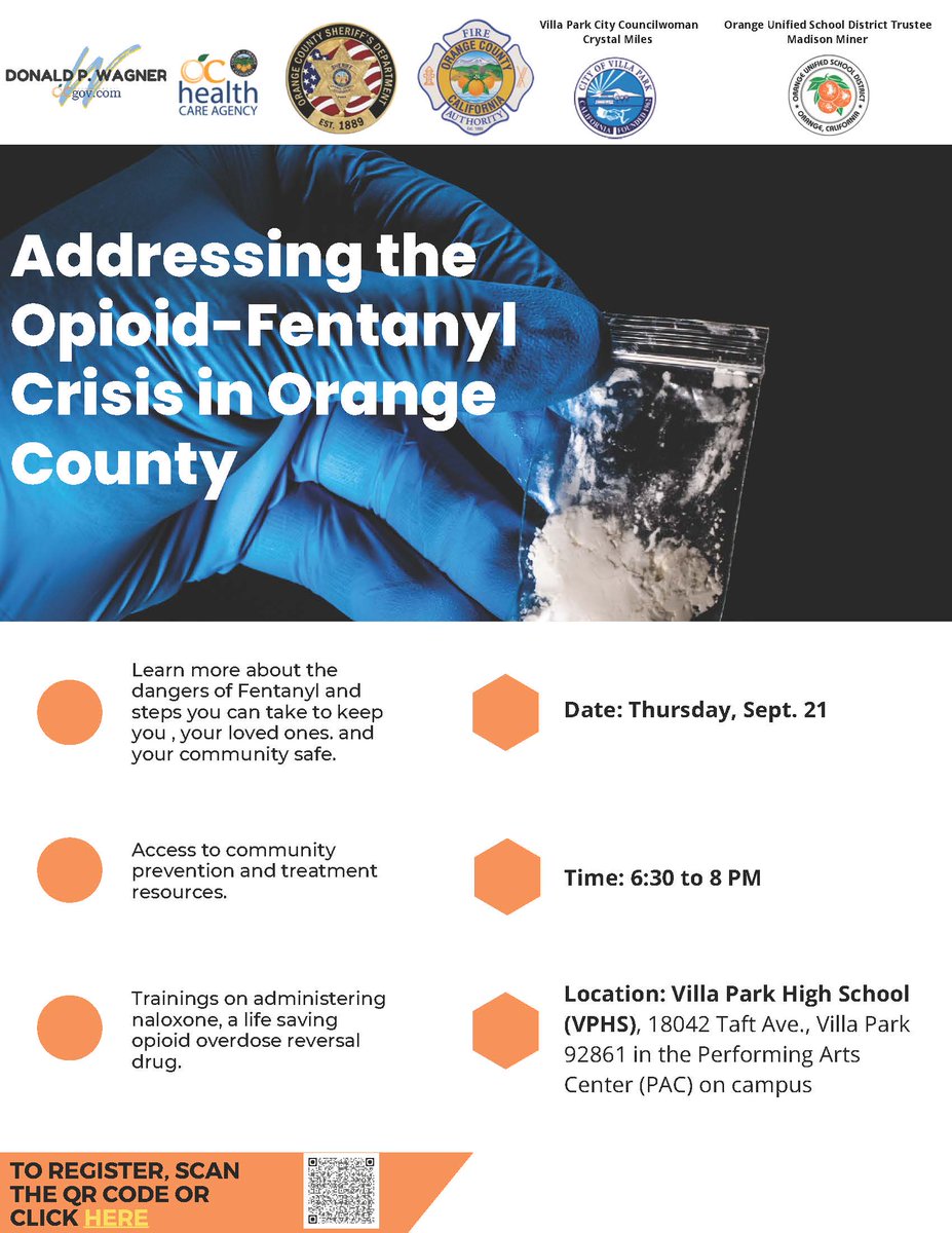 Continuing our fight against #fentanyl in #OC. Join us for a town hall to learn the facts and get preventative tips and resources from the experts. Free #naloxone will be available.
🗓️ September 21 at 6:30 pm
📍VPHS Performing Arts Center 18042 Taft Ave, Villa Park 92861