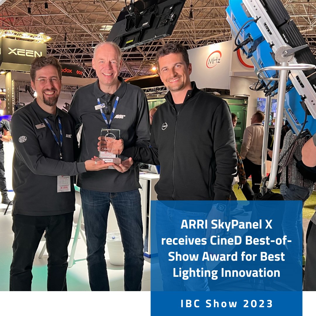 Thank you @CineDnews for the 'Best-of-Show Award' at #IBC2023! For CineD, #SkyPanelX is the 'Best Lighting Innovation' at #IBCShow, saying 'most remarkable about the SkyPanel X for us is the HyPer Optic attachment, which turns the light into a very directional and hard source.'