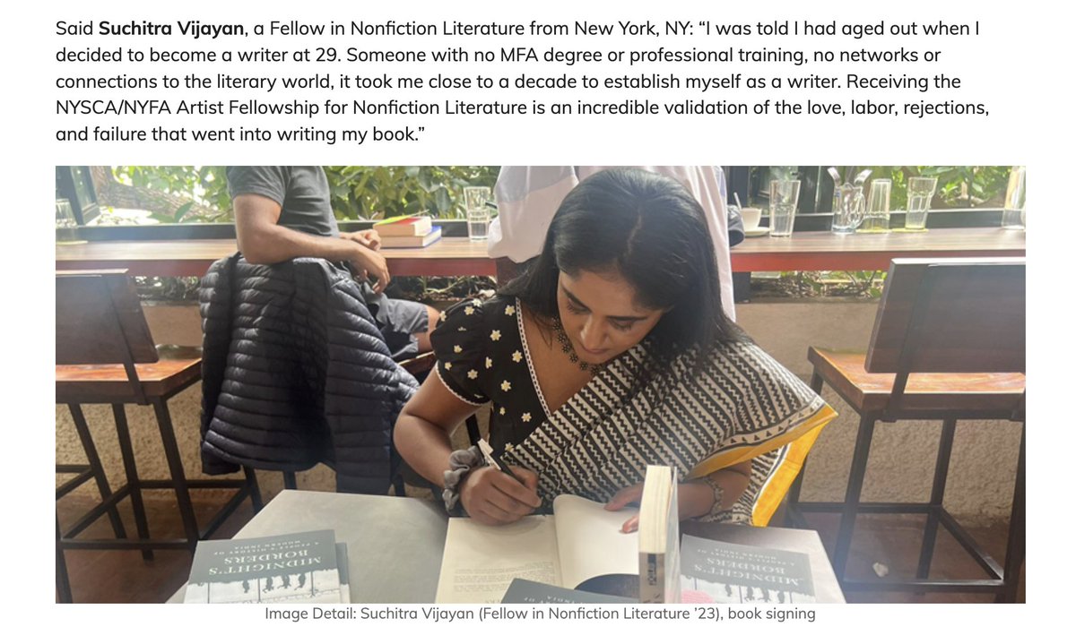 It's official: I am one of the recipients of the @nyfacurrent NYSCA/NYFA Artist Fellowship for Non-Fiction for Midnight's Borders: A People's History of Modern India. nyfa.org/blog/introduci…