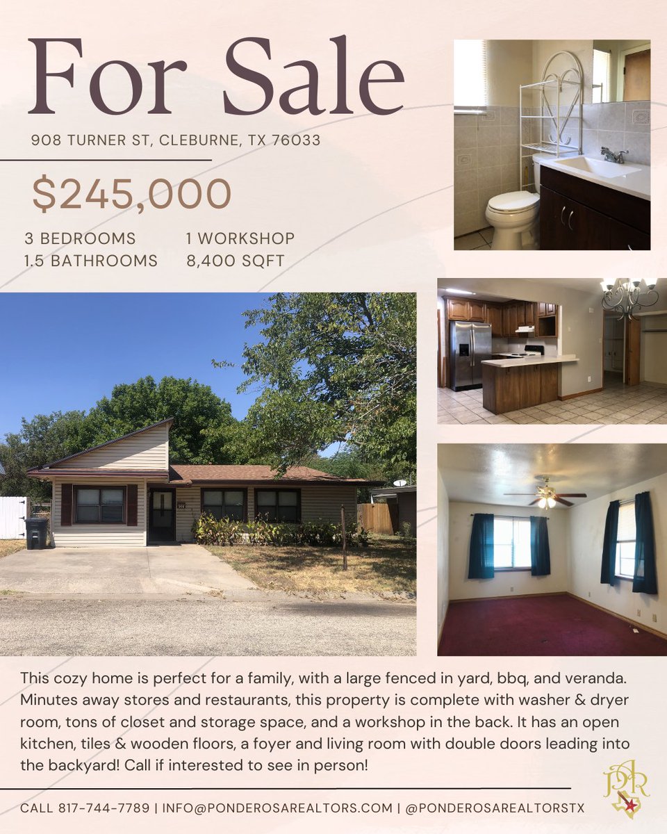 3 Bed, 1.5 baths, #singlefamilyhome in #cleburnetx is on the market! It's a cozy home for the family that loves to entertain. Huge veranda and backyard, full workshop. Tiles and wood floors. 817-744-7789 today for more info! #texasrealestate #northtexas
