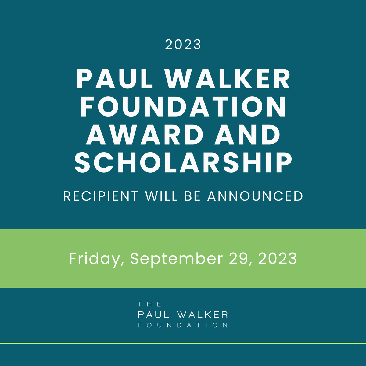 The 2023 recipient will be announced Friday, September 29, 2023. We invite you to continue supporting our future leaders by making a donation or pre-ordering The Exclusive 50th Birthday Tee today. Link in bio. #dogood #begood #paulwalkerfoundation