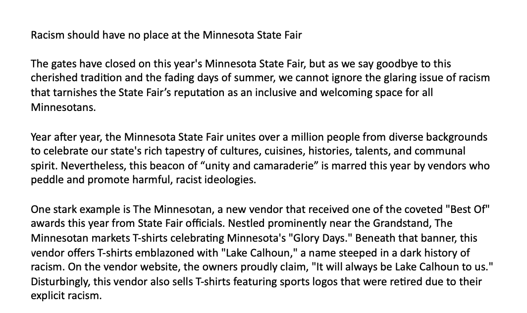 mollypeonies's tweet photo. Welp, the Strib won't publish my Op-Ed about how the State Fair needs to take action against vendors selling racist wares and develop standards for Fair vendors. So here it is. You can also sign the petition to tell State Fair officials to take action: https://t.co/8D9X4fElBZ https://t.co/c4LQnkYNym