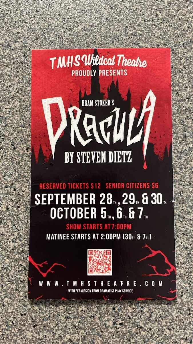 Spooky season is upon us! It's time to buy your Dracula tickets! The show is going to be amazing and different than anything TMHS theatre has done before. Scan the QR code for tickets