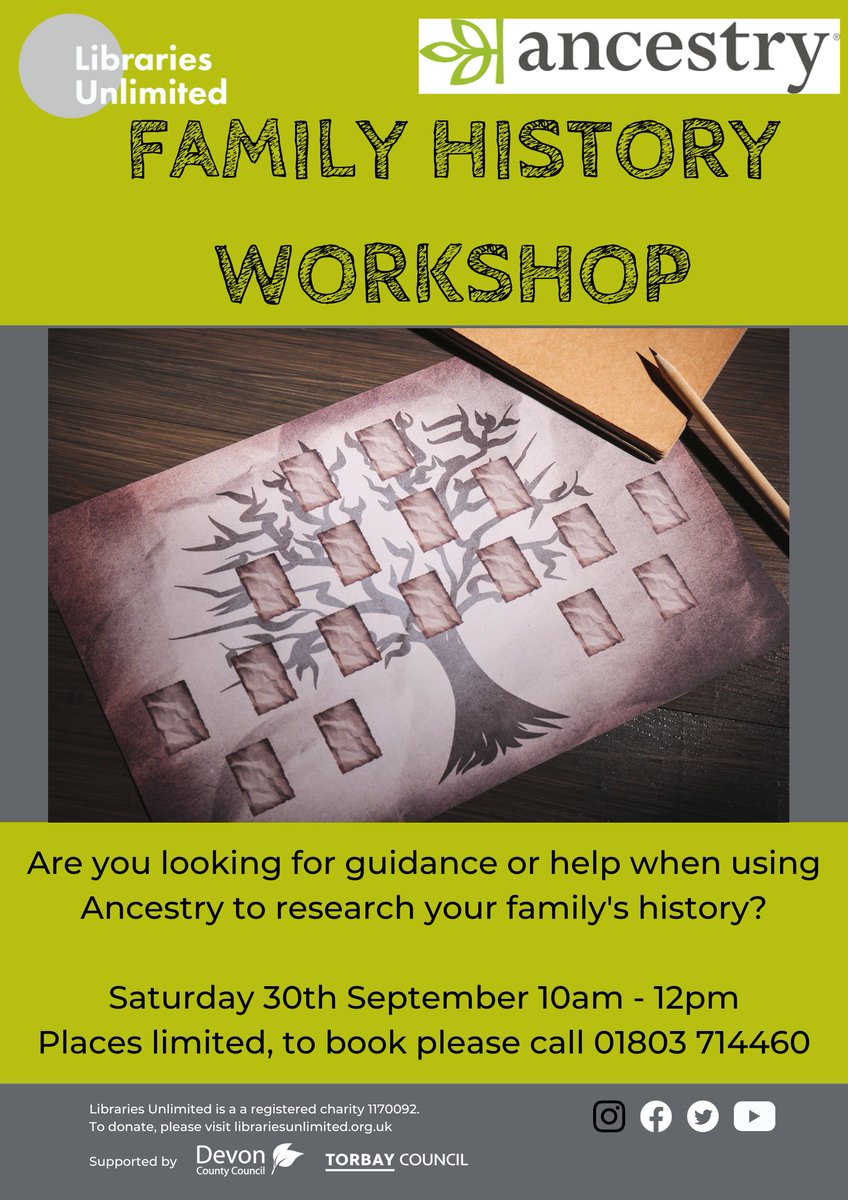 Have you seen 'Who do you think you are?' and are interested in starting your family history research journey? Or need some guidance for where to go next? We have a FREE Family History Workshop on Saturday 30th September 10am-12pm. Book your place by calling us on 01803 714460