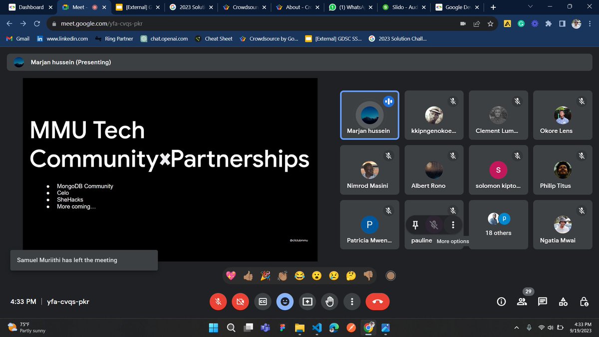 NgatiaMwai1's tweet image. 🎉🚀 Just finished my first info session! 🚀🎉
A big thank you to MMU TECH COMMUNTY, Marjan hussein, Clement Lumumba, Okore Lens, Stanley Musili, Patricia Muriira and all who attended for making it a success 🥳🙌

#gdsc #mmu #googledeveloperstudentclubs #DeveloperStudentClubs.