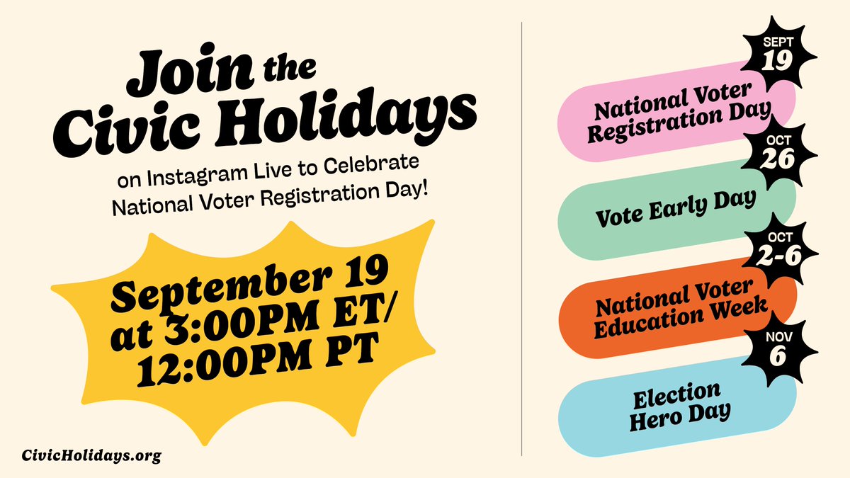 We're going live with @NatlVoterRegDay and our #CivicHolidays friends @VoteEarlyDay and @ElectionHeroDay this afternoon on Instagram! 

Join us! 

#NationalVoterRegistrationDay #VoteReady