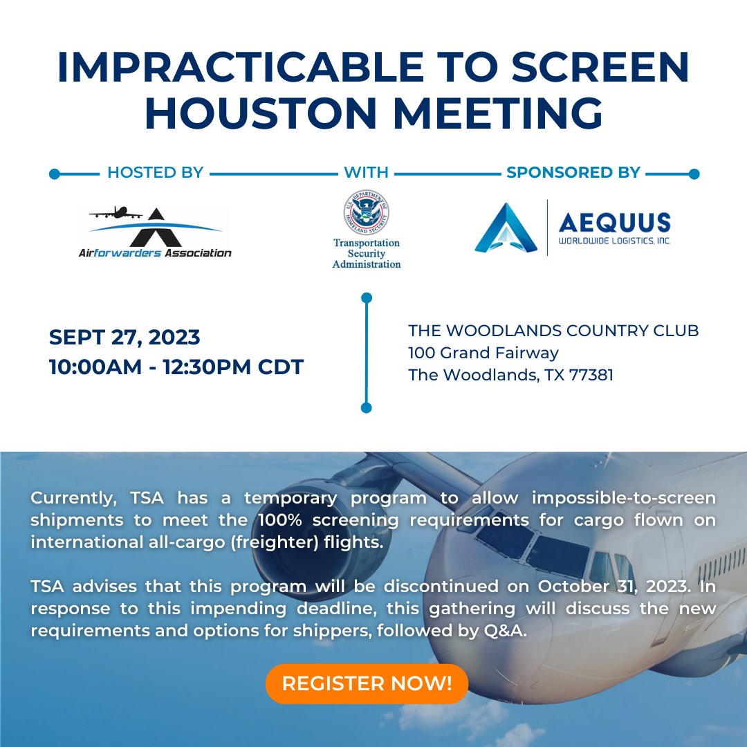 We’re getting closer to our ITS Houston Meeting with TSA and AfA. Don’t forget to reserve your seats now! We’ll be discussing upcoming changes for cargo flown on international all-cargo (freighter) flights. ✈️📄
Register for free here: bit.ly/44zHLpz 

#houstonevent