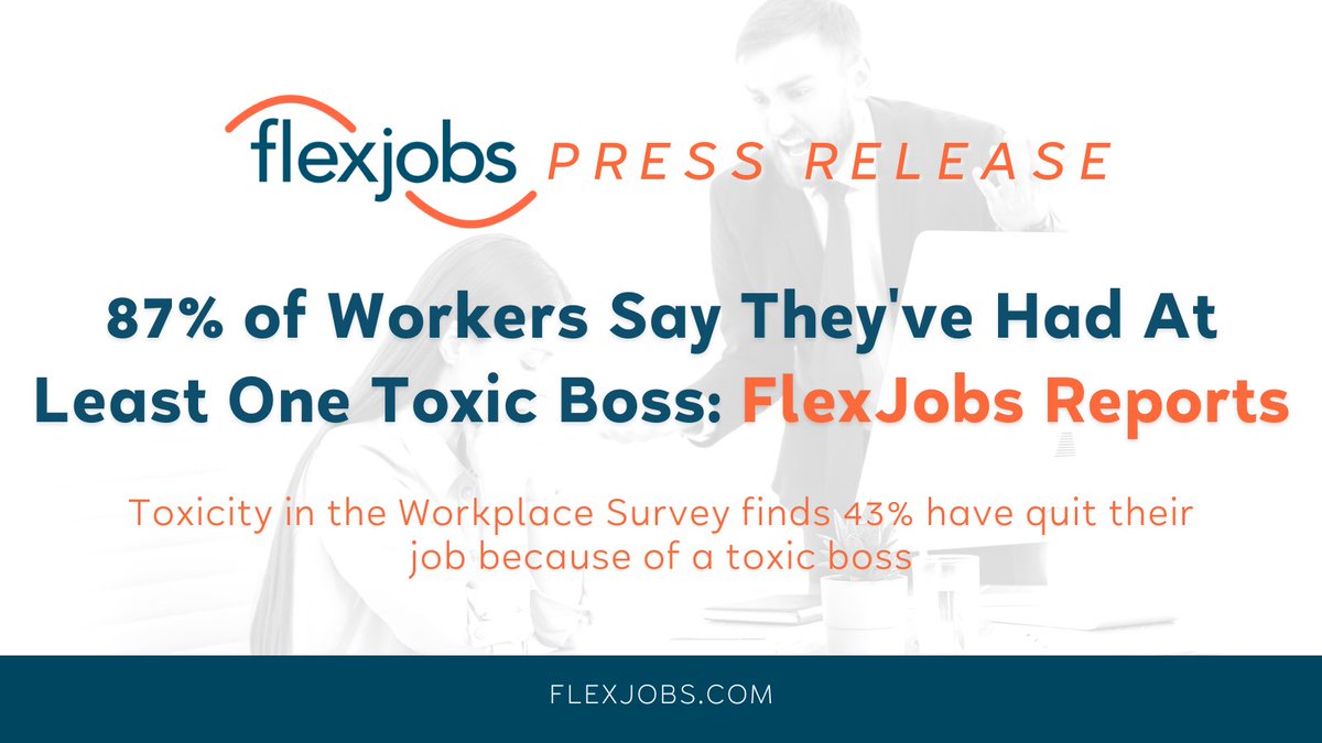 🚨 Toxic Workplaces Alert! 🚨

Our latest FlexJobs survey on #ToxicWorkplaces reveals some shocking insights that could change your career for the better. 💼

Check out our latest press release to see the results 👉 bit.ly/44UQ5QJ