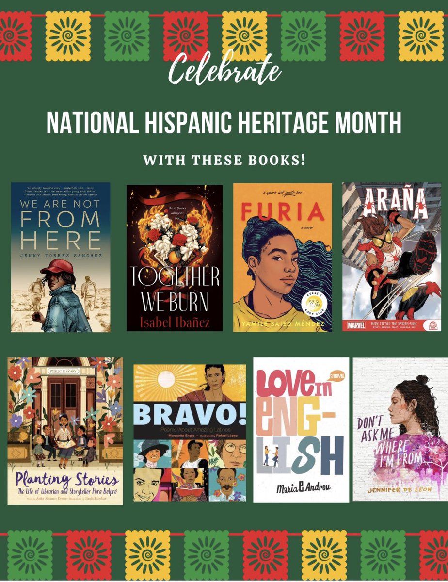 TaftHSLibrary's tweet image. Last Friday, September 15, was the start of #hispanicheritagemonth 🪇 Celebrate with these great titles!

#raiderslibrary