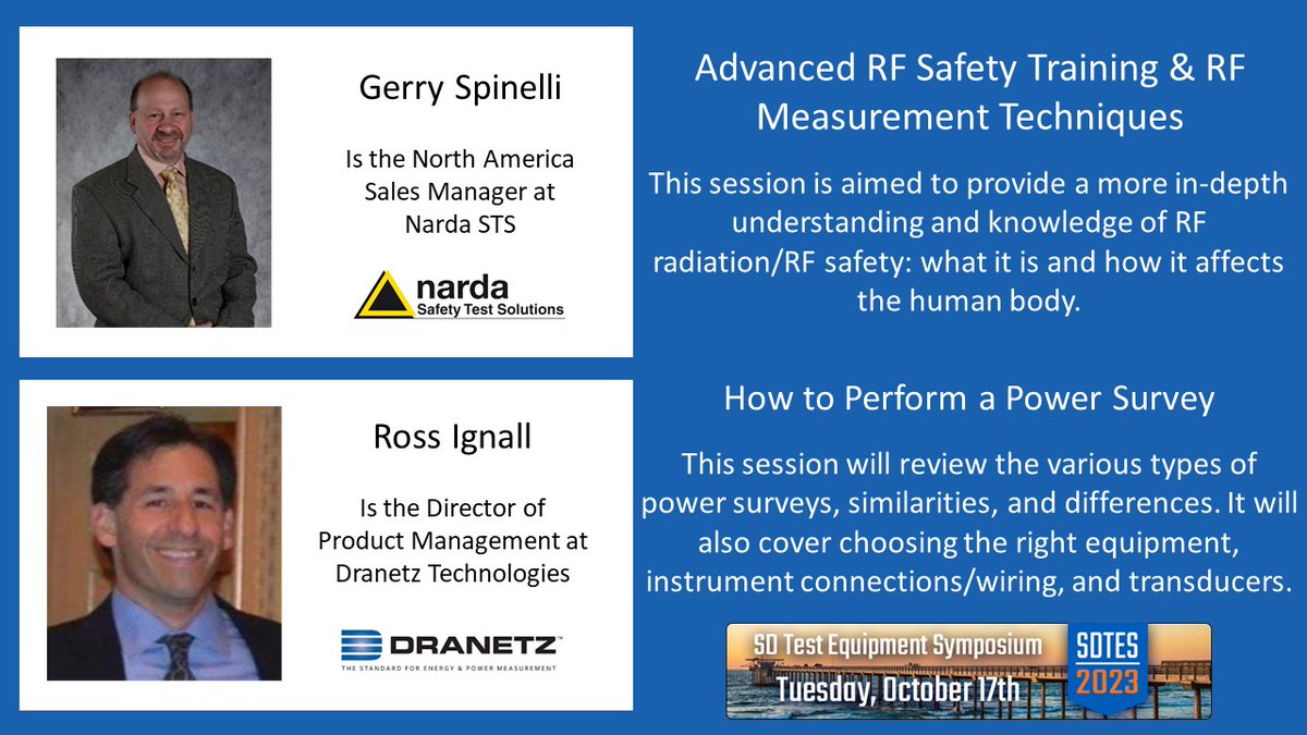 Come join us on October 17th for the San Diego Test Equipment Symposium (SDTES). In the third addition of our speaker announcements, we have Gerry Spinelli of Narda STS and Ross Ignall of Dranetz Technologies. Don't miss out and sign up today! atecorp.com/special-pages/…