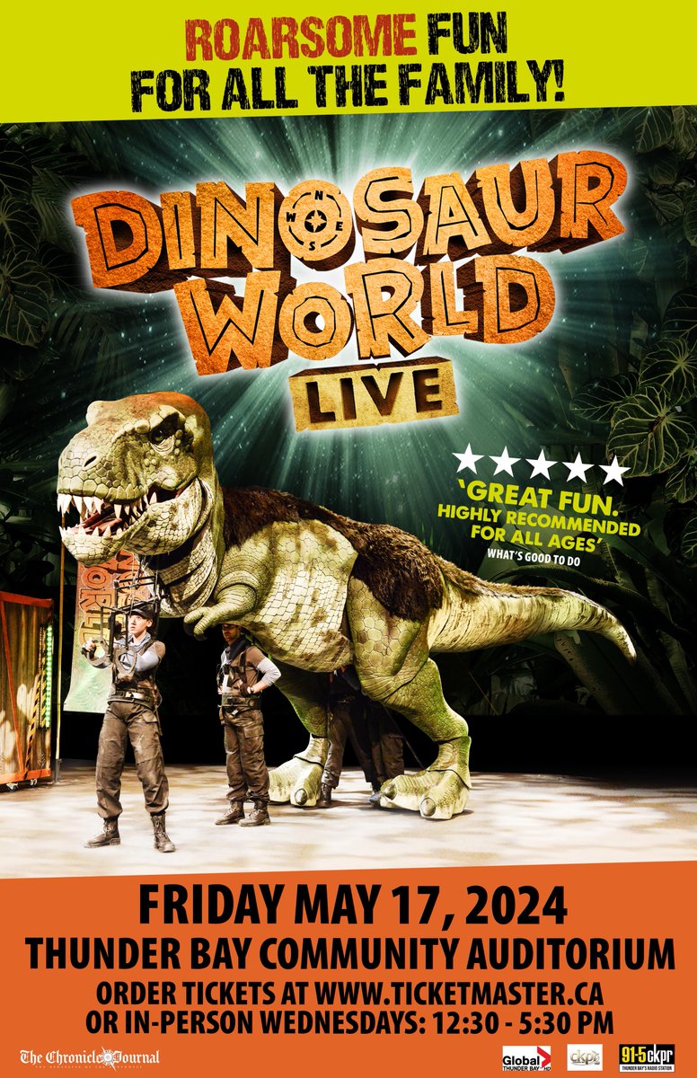 Don't miss DINOSAUR WORLD LIVE on Friday, May 17 at your TBCA! Discover a pre-historic world of astonishing (and remarkably life-like) dinosaurs.  Tickets on-sale at 9:00 am on Friday, September 22,  at tbca.com or ticketmaster.ca Age Guidance: 3+