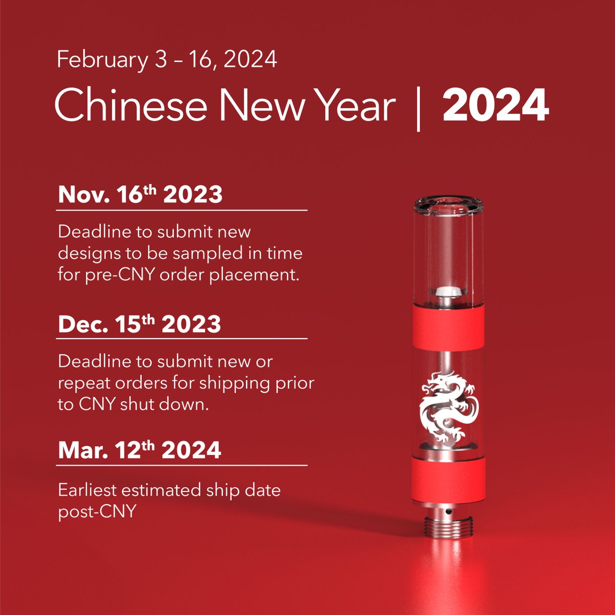 we_are_jupiter's tweet photo. Just your friendly reminder that CNY is creeping up... Get ahead of the game and begin planning your 2024 inventory needs now!
For any questions or concerns, contact your Account Executive today!
#JupiterResearch #CCELL #ChineseNewYear #CNY2024 #YearOfTheDragon https://t.co/xjqDbpdLkX