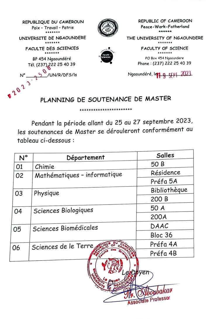 FSUnivNdere's tweet photo. 𝑷𝒍𝒂𝒏𝒏𝒊𝒏𝒈 𝒅𝒆�� 𝑺𝒐𝒖𝒕𝒆𝒏𝒂𝒏𝒄𝒆𝒔 𝒅𝒆 𝑴𝒂𝒔𝒕𝒆𝒓
Nous avons le plaisir de vous annoncer le planning des soutenances de master qui se tiendront à la Faculté des Sciences de l'Université de Ngaoundéré. Ces soutenances sont un moment crucial dans le parcours académiq https://t.co/UwHDnFIidh