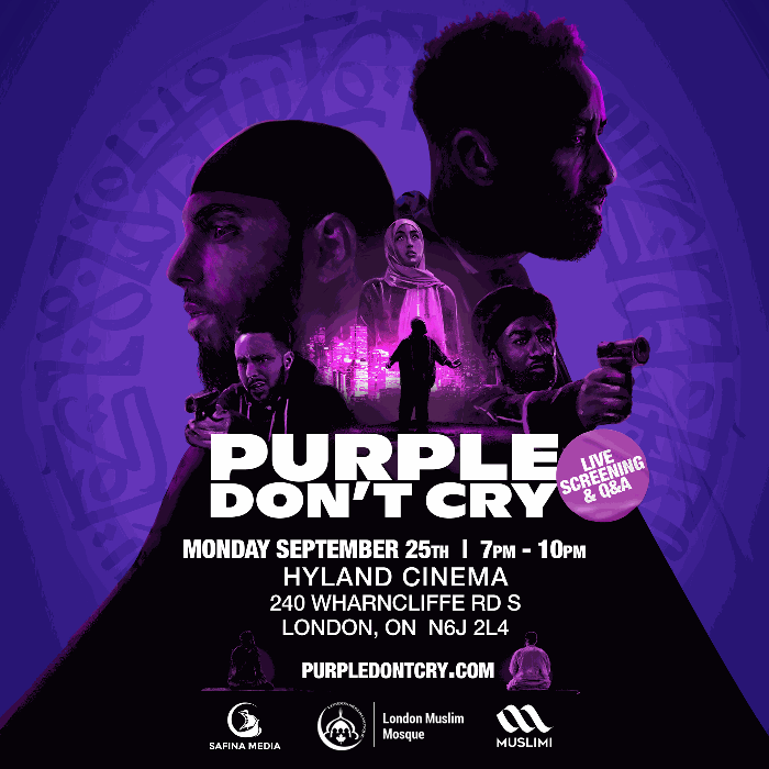 "Purple Don't Cry" tells the story of a Muslim gang member who tries to protect a young member of his community from getting seduced into a life of crime. Monday, September 25th at Hyland Cinema londonmosque.ca/event/purple-d…
