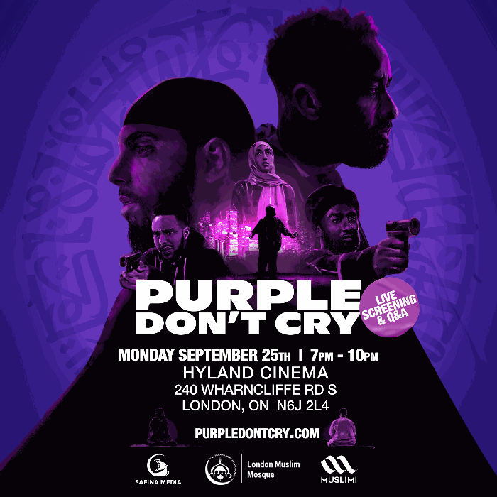 'Purple Don't Cry' tells the story of a Muslim gang member who tries to protect a young member of his community from getting seduced into a life of crime. Monday, September 25th at Hyland Cinema londonmosque.ca/event/purple-d…