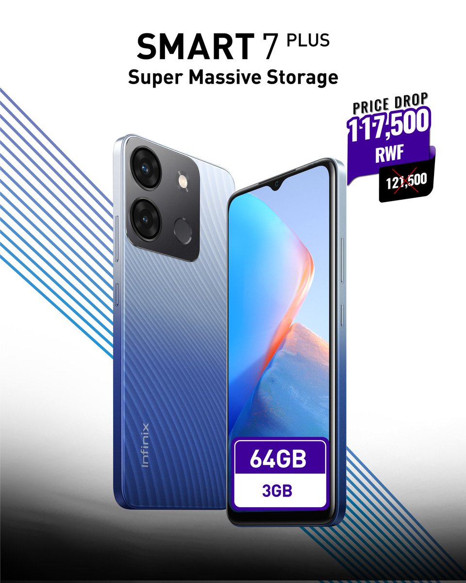 infinixrwanda's tweet photo. Smart 7Plus ifite ububiko bungana na 64GB, ikagira na RAM ingana na 3GB ubu wayibona ku mafaranga 117,500Rwf mu gihugu hose. #Smart7Plus https://t.co/kLIlc1lh89