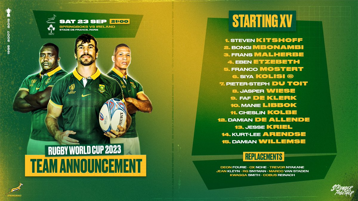 The #Springboks team to face Ireland in Paris on Saturday - more here: tinyurl.com/6xmsyprv 🤝 #StrongerTogether #RWC2023