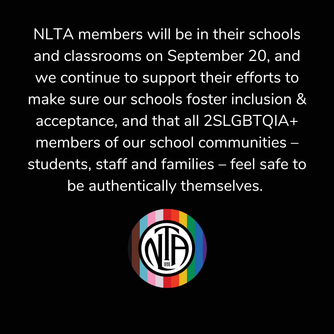 The <a href="/NLTeachersAssoc/">NLTA</a> is an ally. We fully support safe, equitable and inclusive teaching and learning in our schools for all students, staff and families. 🏳️‍🌈🏳️‍⚧️ There is #NoSpaceForHate.