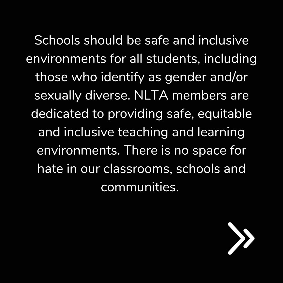 NLTeachersAssoc's tweet photo. The @NLTeachersAssoc is an ally. We fully support safe, equitable and inclusive teaching and learning in our schools for all students, staff and families. 🏳️‍🌈🏳️‍⚧️ There is #NoSpaceForHate. https://t.co/p9SJ51IygV