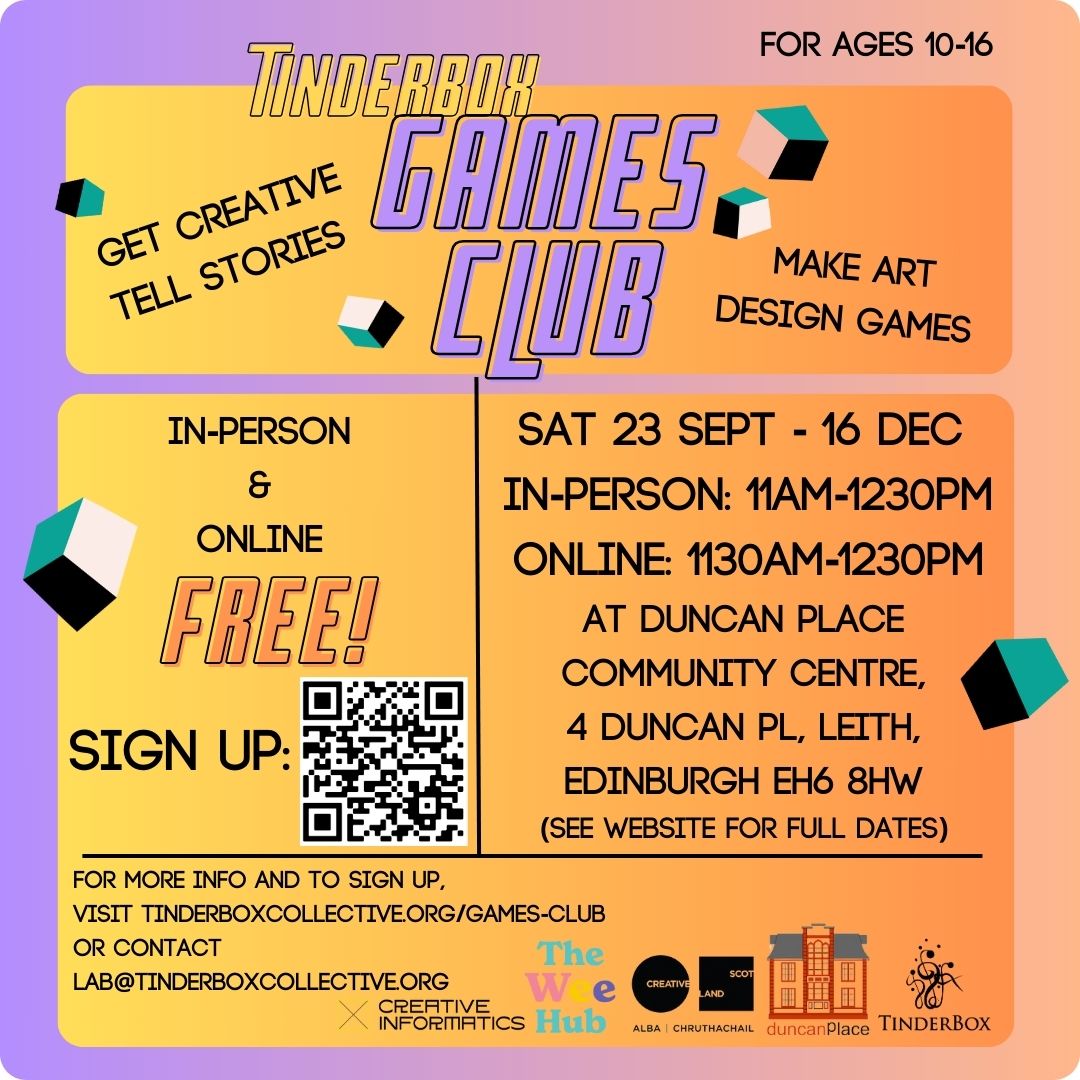 Our Saturday morning Games Club is back starting this Saturday 23rd Sept and has moved to @duncan_place! We get together in-person and online to hang out, play and make our own games with art, sound and code, supported by a team of creative tutors & game designers.