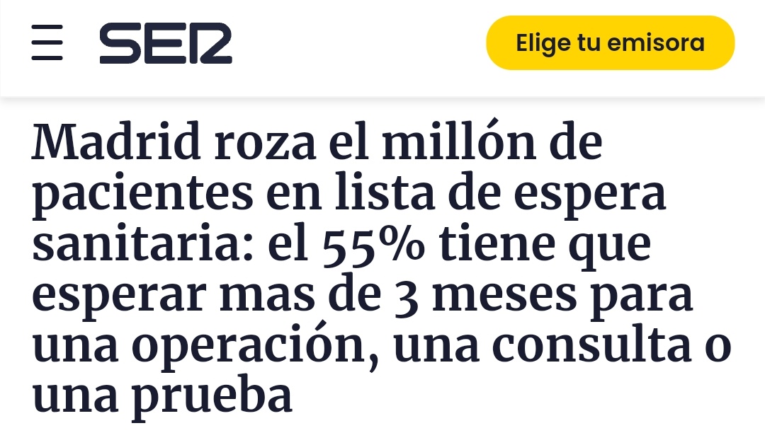 Enhorabuena al gobierno de Ayuso por este nuevo hito en la sanidad madrileña: 932.249 personas en lista de espera para pruebas médicas, la mitad con un retraso de tres meses.