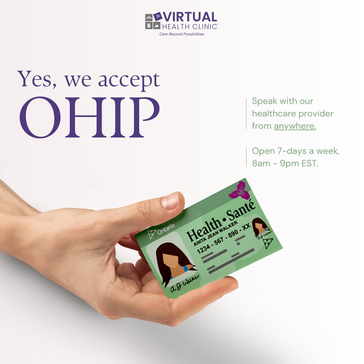 MyVirtualCare's tweet photo. One of our most commonly asked questions is if we accept OHIP.
The answer is yes. Speak with our healthcare provider from the comfort of your home.

Book your appointment online or by phone 👇
Virtual Health Clinic™
844-222-7200
https://t.co/ylv0XoZOil https://t.co/v9f5h5TpjK