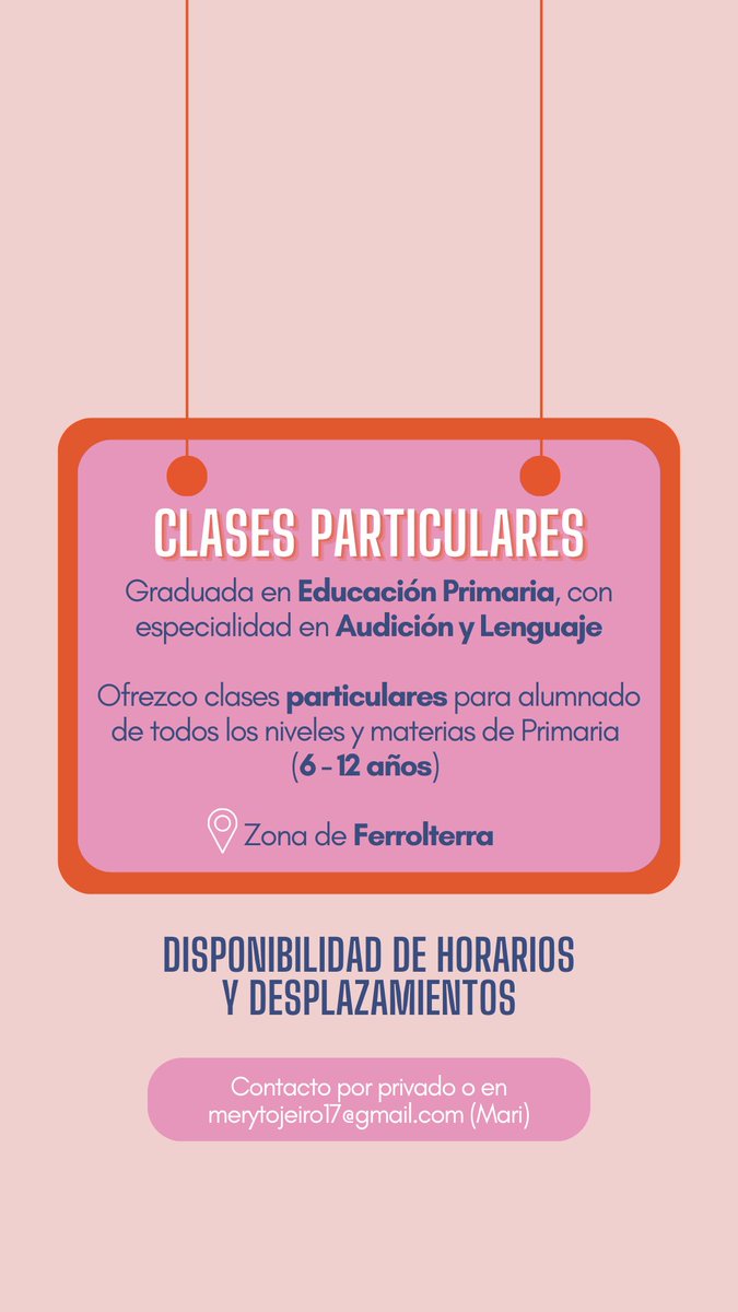 merytojeiro's tweet photo. ¡Hola! Ofrezco clases particulares para niños y niñas de Ed. Primaria, de todas las materias y todos los niveles. 📍Zona de Ferrolterra
Se agradece difusión 😊 https://t.co/mCh8ewkDZM
