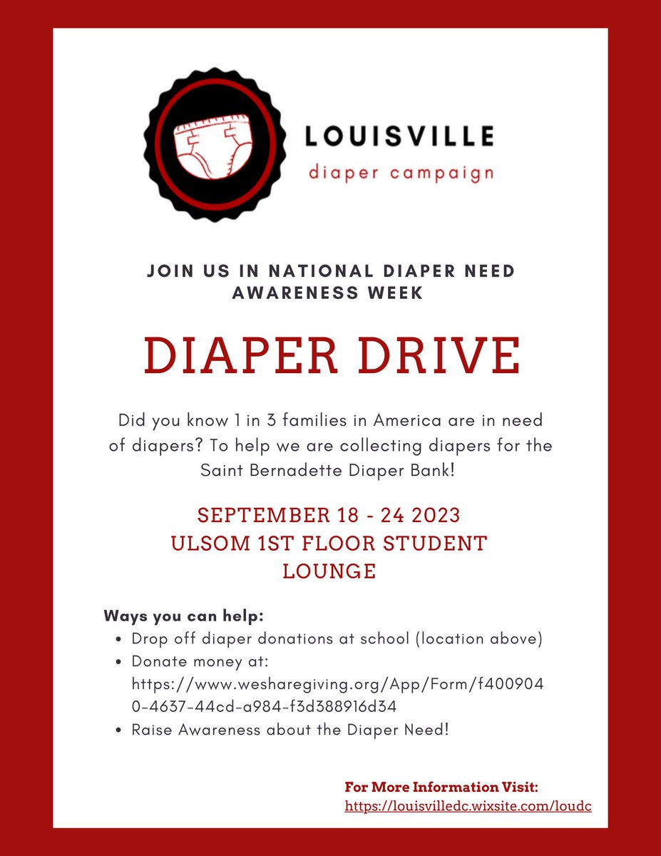 National Diaper Need Awareness Week is here! Drop off donations at the ULSOM first floor student lounge and/or donate money at: wesharegiving.org/.../f4009040-4…...
Thank you for all your support!
