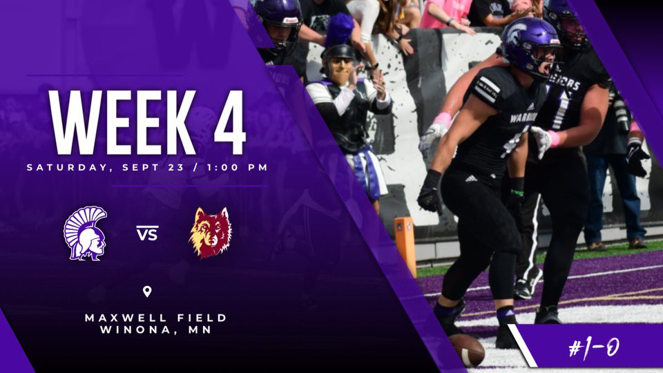 WinonaState_FB's tweet photo. WEEK 4 - Back at the Max‼️

🗓 September 23 | 1:00 PM CST

📍Winona, MN

🆚 Northern State Wolves 🐺

#GGT⚔️ #PackTheMax https://t.co/dMcOaXU2DH