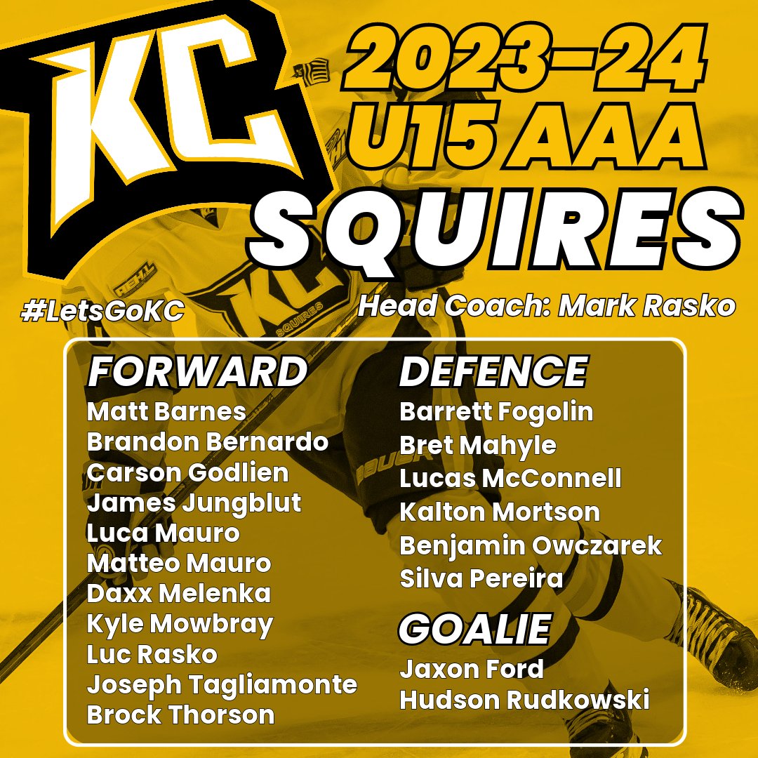 📣 Roster Announcement 📣 We are proud to announce KC's U15AAA squad is set for the 23/24 season. With a remarkable depth of talent, the Squires are ready to hit the ice for a great year. #LetsGoKC