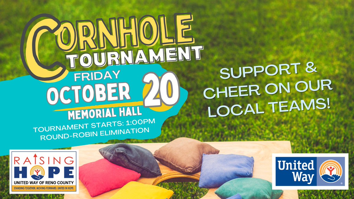 UnitedWayofReno's tweet photo. 📢 𝐄𝐕𝐄𝐍𝐓 𝐔𝐏𝐃𝐀𝐓𝐄!  Due to some unpredictable weather coming in on Friday we are rescheduling our Cornhole Tournament and moving it indoors to Memorial Hall on October 20th!  Join us to cheer on your favorite local team and raise money for the United Way of Reno County! https://t.co/HtRTFKHQP7