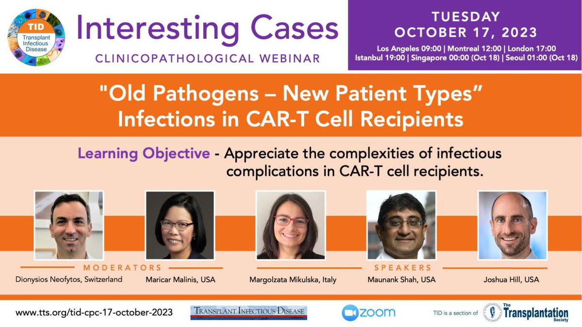 The next <a href="/TheTxIDjournal/">TransplantID Journal</a> - <a href="/ttsorg/">TTS</a> TID Section CPC focusing on infections in CAR-T Cell Recipients 

Tuesday Oct 17 @ 2pm New York/6pm Paris

Learn more and register here:  tts.org/tid-about/tid-…