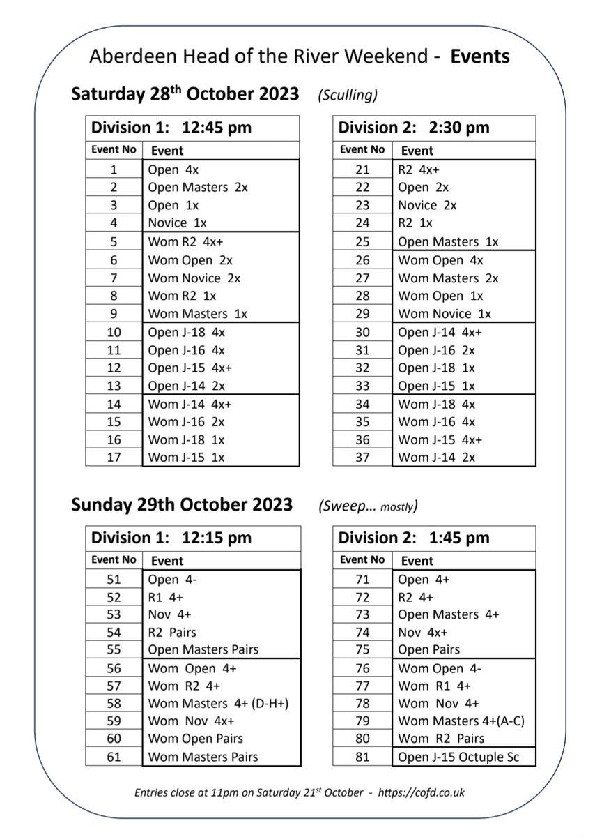 Details are out for our next event on the Dee, The Aberdeen Head of the River Weekend, on 28th &amp; 29th October. NEW FORMAT - Full details are up on cofd.co.uk 
#rowing #headracing <a href="/ScottishRowing/">Scottish Rowing</a>